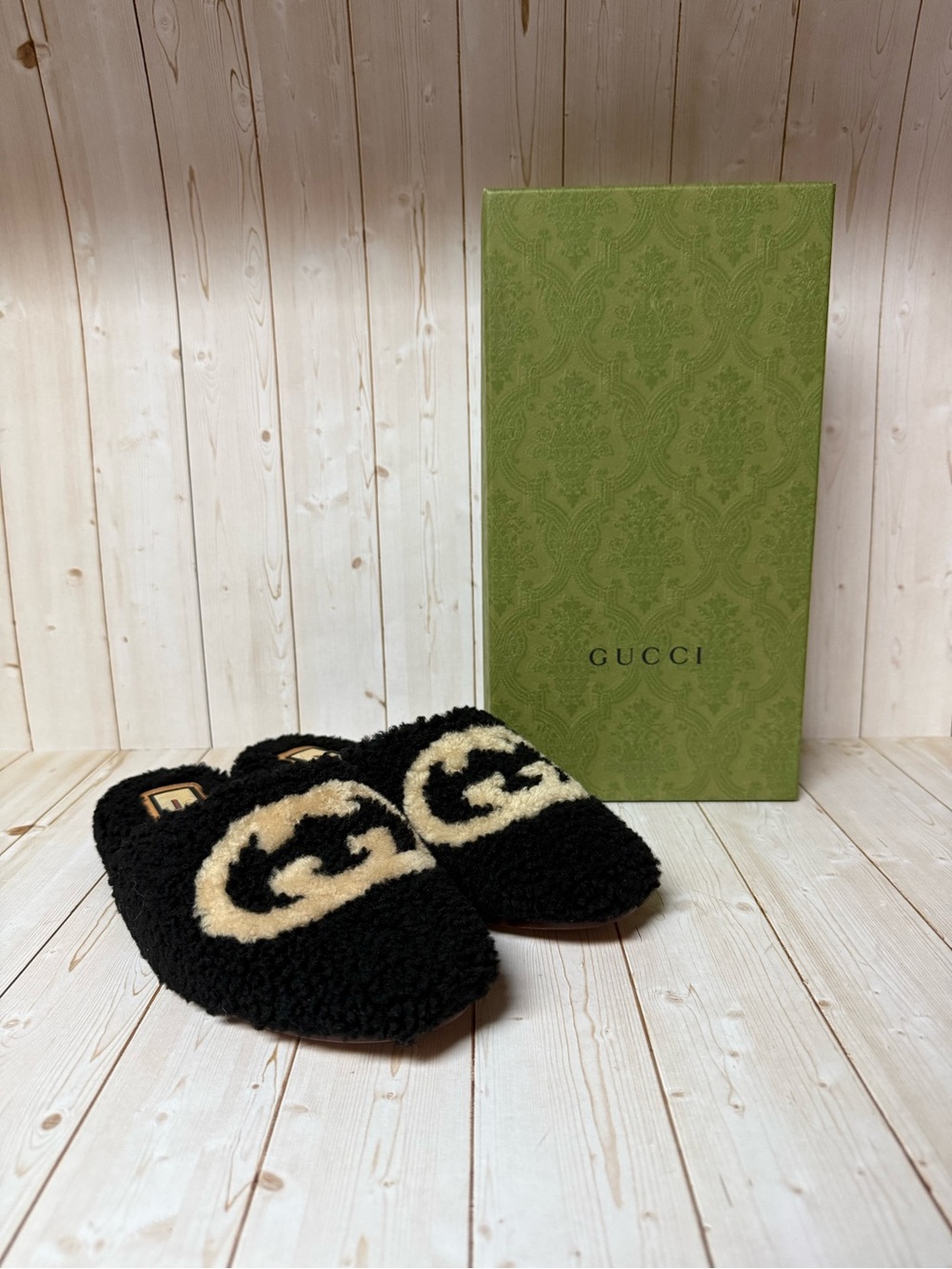 Gucci Faux Shearling Interlocking G Eileen Slipper Mules Black Sz 36.5 / 6.5